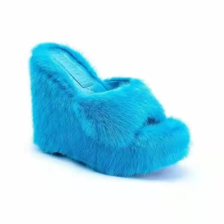 Plush Casual Fashion Versatile Wedge Slippers Wholesale Women Shoes