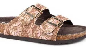 Roper Women's Delilah Floral Embossed Faux Leather Sandal in Tan