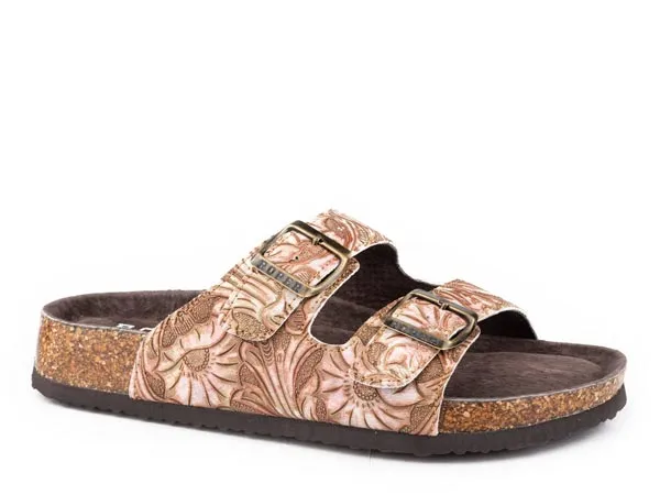 Roper Women's Delilah Floral Embossed Faux Leather Sandal in Tan