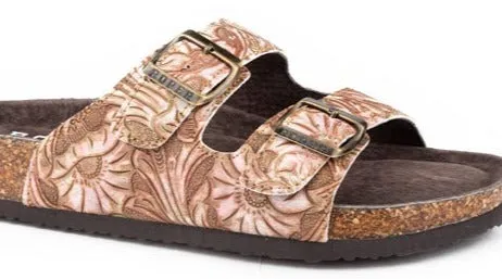 Roper Women's Delilah Floral Embossed Faux Leather Sandal in Tan