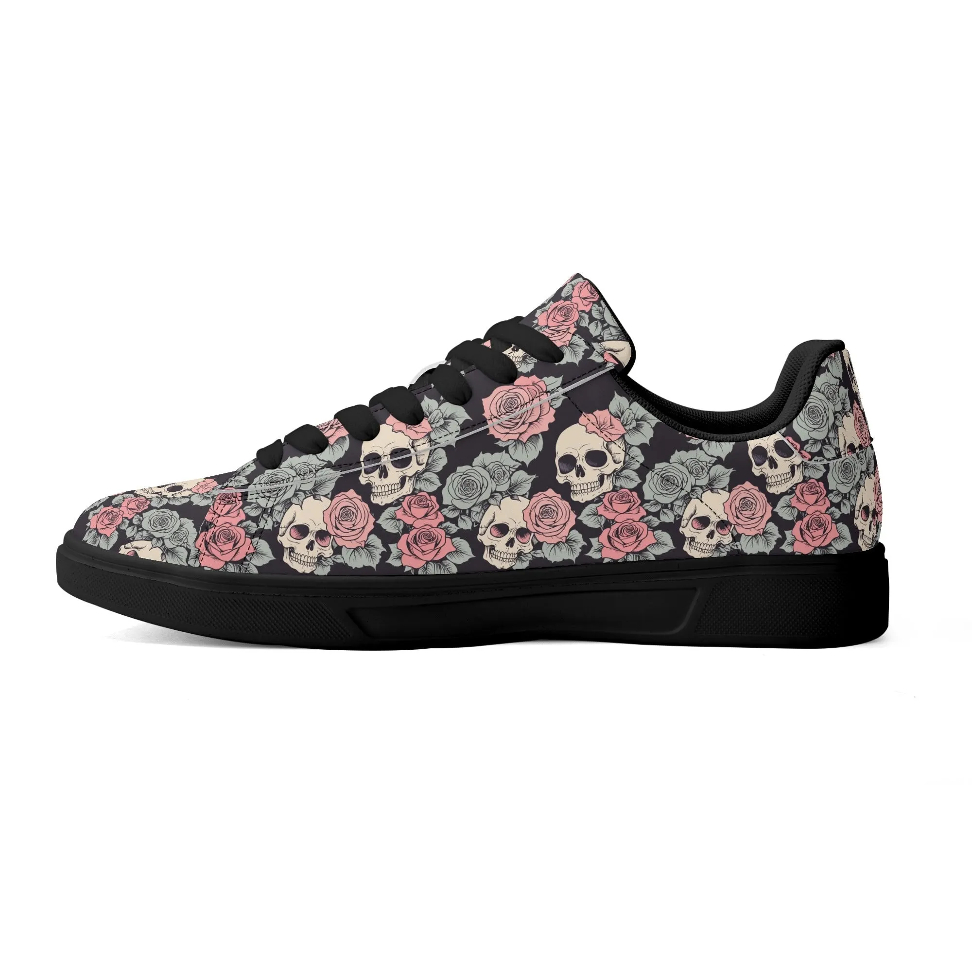 Skull and Pink Rose Adult Lightweight Brand Low Top Leather Shoes