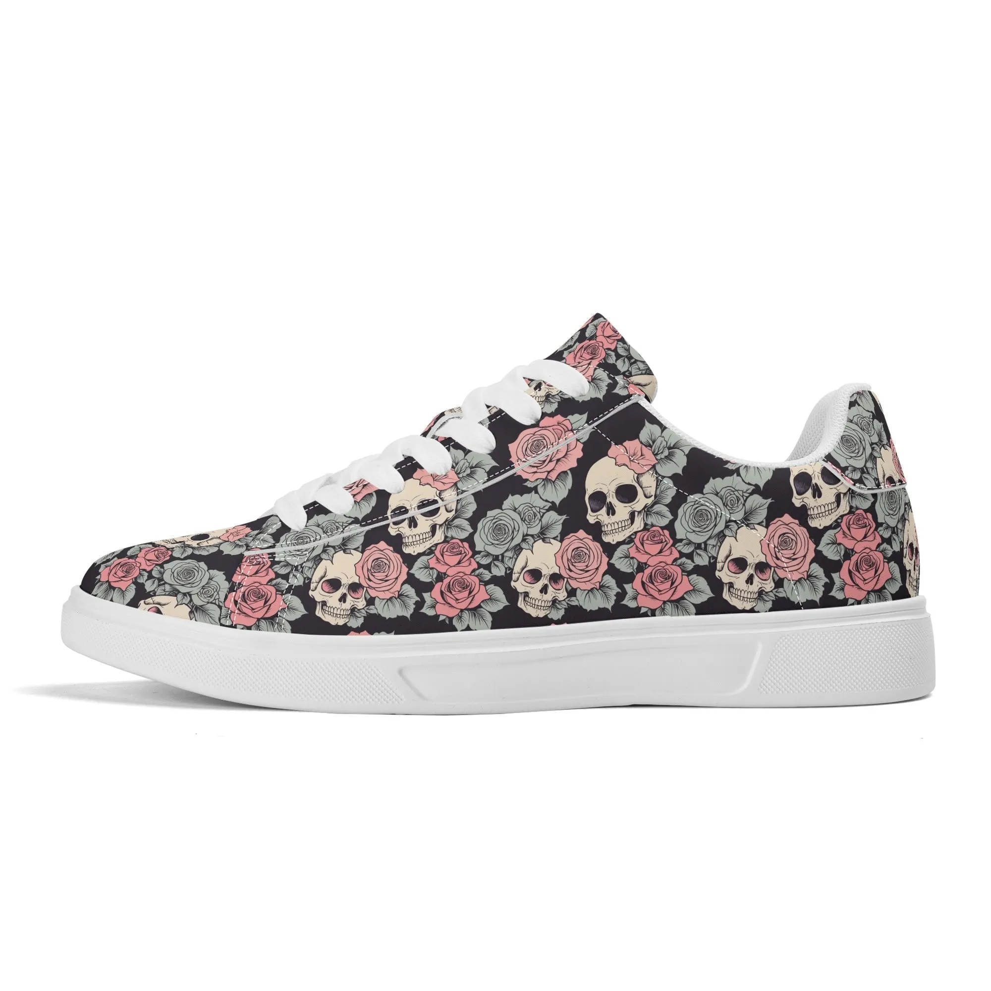 Skull and Pink Rose Adult Lightweight Brand Low Top Leather Shoes