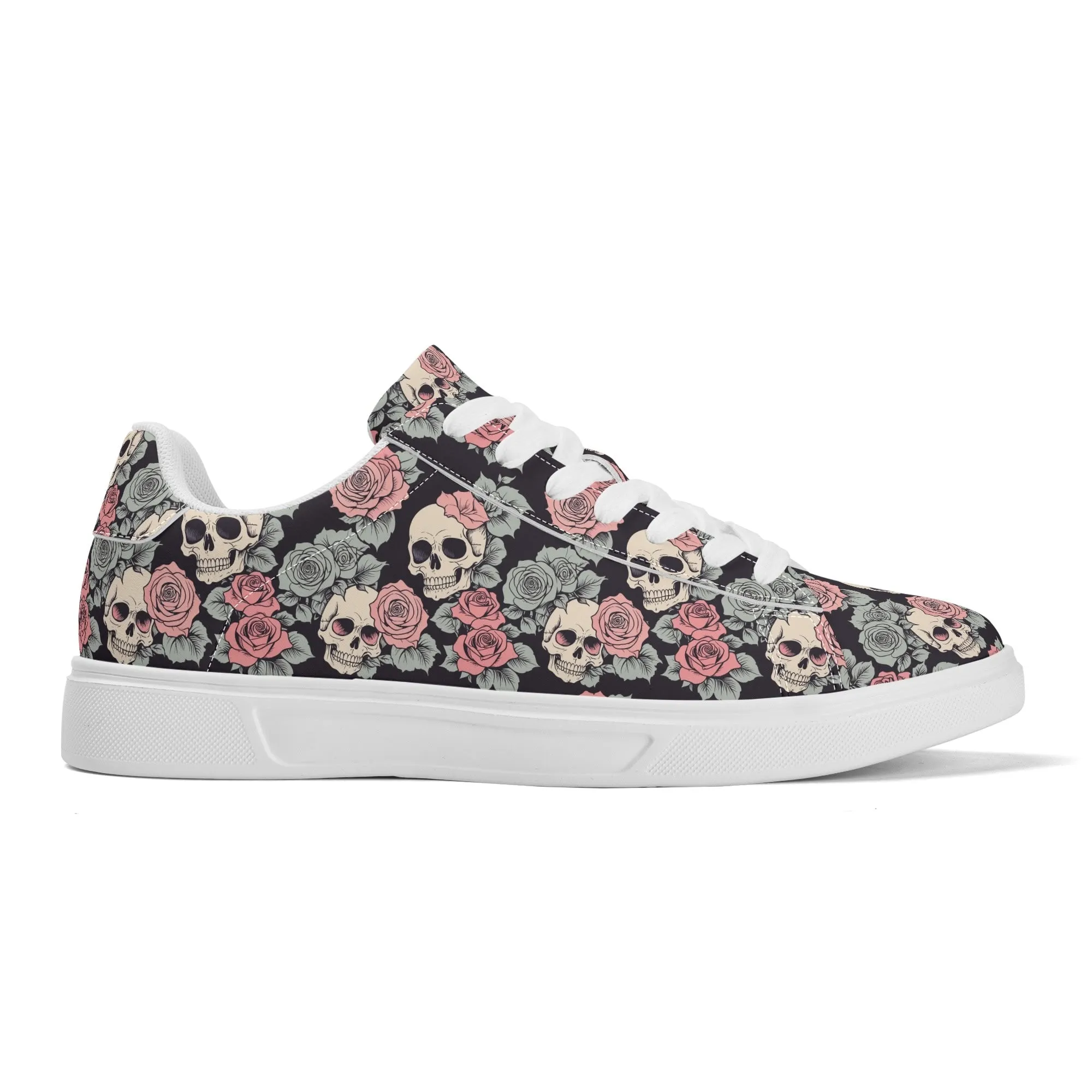 Skull and Pink Rose Adult Lightweight Brand Low Top Leather Shoes