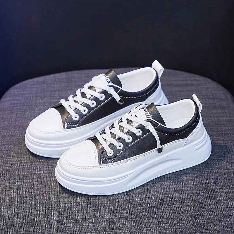 Sohiwoo Women's PU Thick Sole Lace-up Vulcanized Shoes Student Summer New Lightweight Breathable Fashionable Versatile Sports  Sneakers