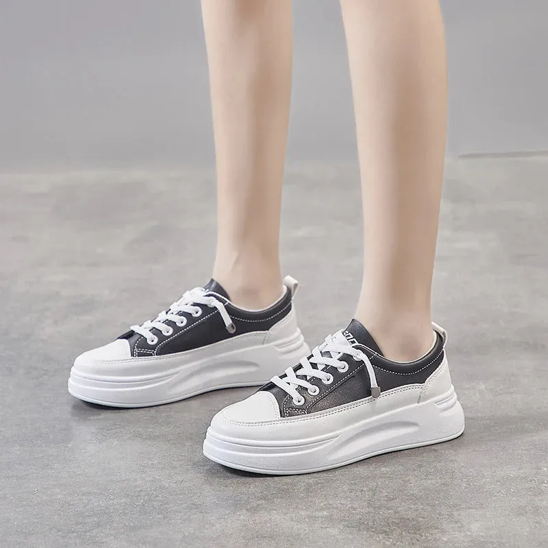 Sohiwoo Women's PU Thick Sole Lace-up Vulcanized Shoes Student Summer New Lightweight Breathable Fashionable Versatile Sports  Sneakers