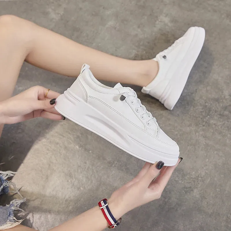 Sohiwoo Women's PU Thick Sole Lace-up Vulcanized Shoes Student Summer New Lightweight Breathable Fashionable Versatile Sports  Sneakers