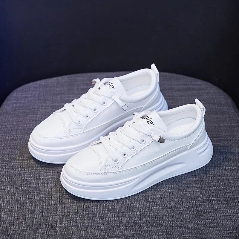 Sohiwoo Women's PU Thick Sole Lace-up Vulcanized Shoes Student Summer New Lightweight Breathable Fashionable Versatile Sports  Sneakers