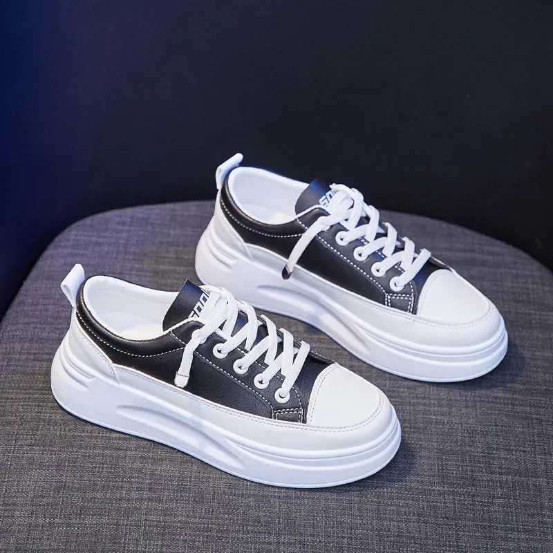 Sohiwoo Women's PU Thick Sole Lace-up Vulcanized Shoes Student Summer New Lightweight Breathable Fashionable Versatile Sports  Sneakers