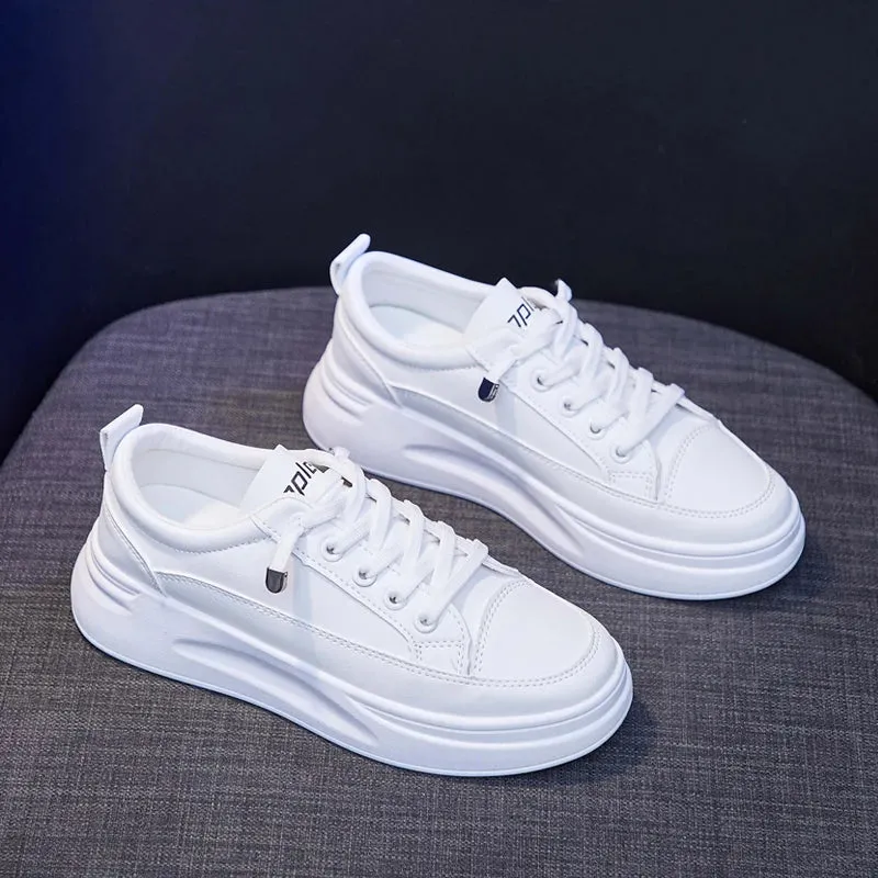 Sohiwoo Women's PU Thick Sole Lace-up Vulcanized Shoes Student Summer New Lightweight Breathable Fashionable Versatile Sports  Sneakers