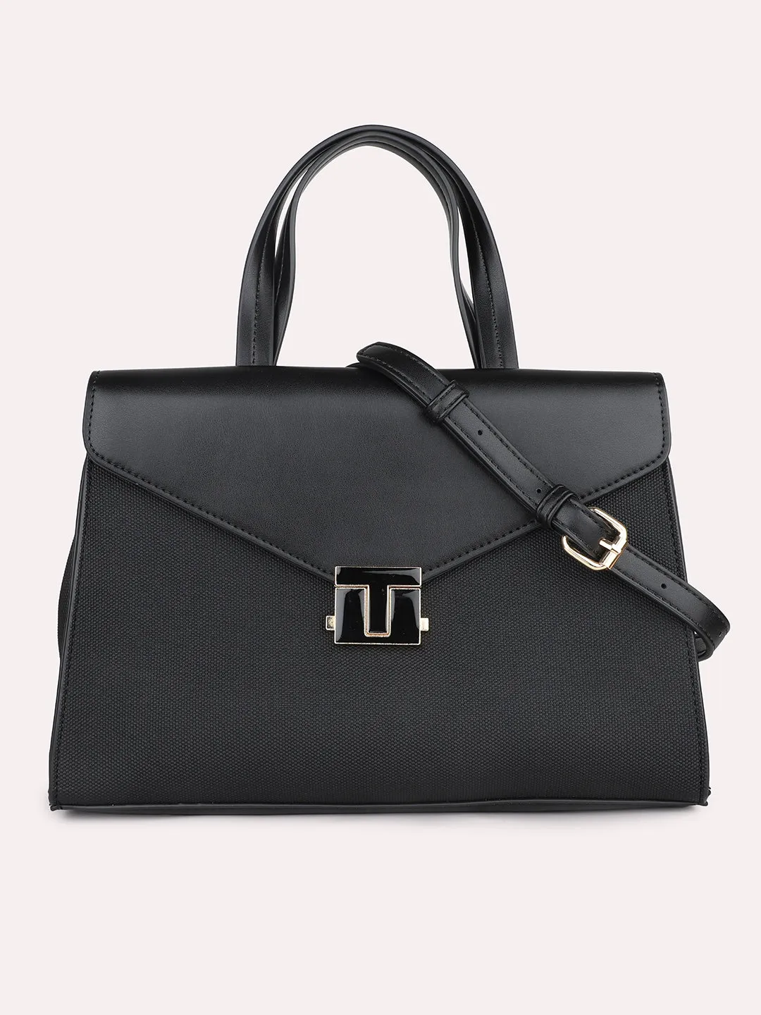 Women Black Textured PU Structured Handheld Bag