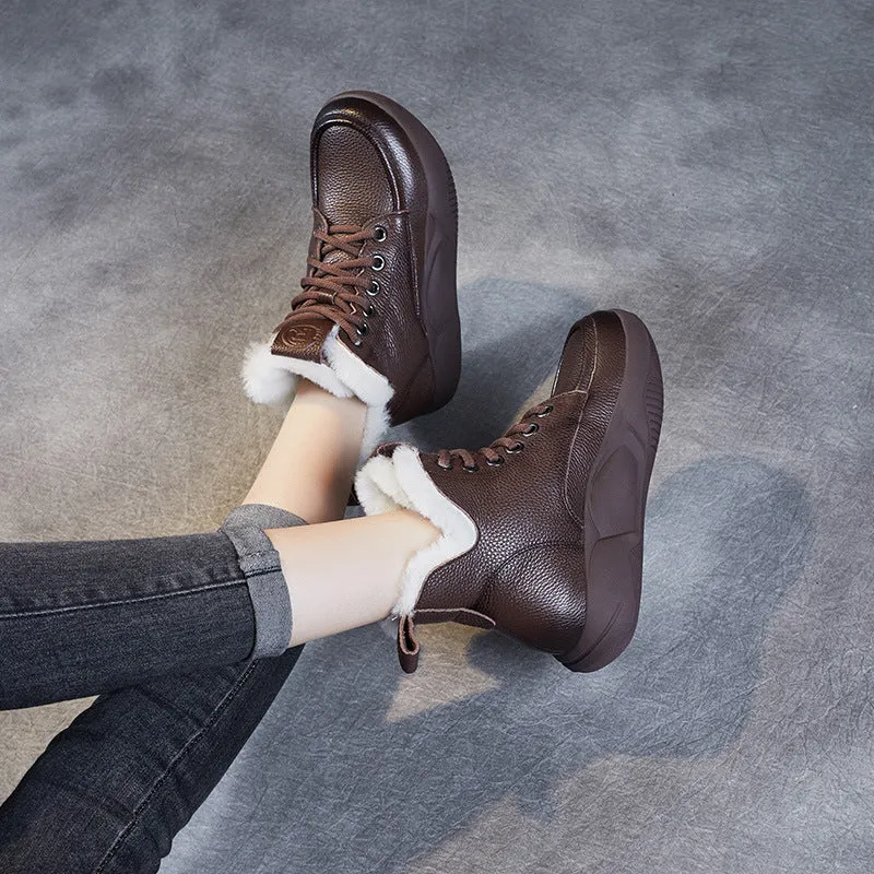 Women Retro Leather Wool Furred Flat Snow Boots
