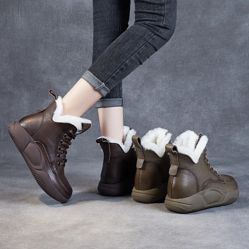 Women Retro Leather Wool Furred Flat Snow Boots