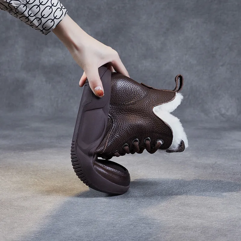 Women Retro Leather Wool Furred Flat Snow Boots