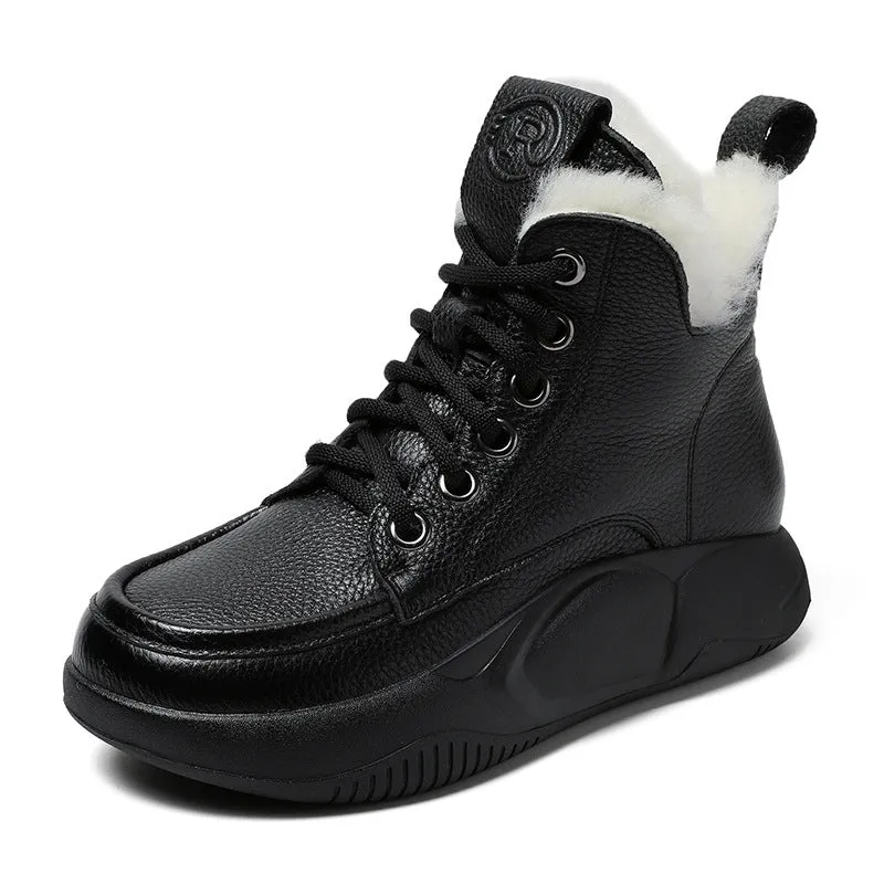 Women Retro Leather Wool Furred Flat Snow Boots