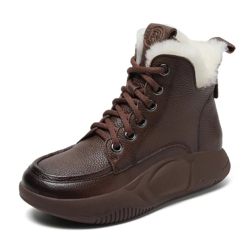 Women Retro Leather Wool Furred Flat Snow Boots